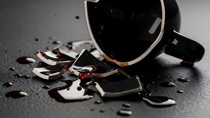 Broken Coffee Cup with Spilled Espresso on Dark Surface