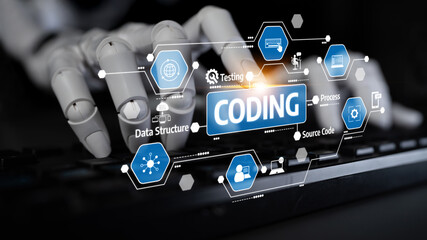 A robotic hand operates a keyboard, showcasing a modern coding environment with digital icons representing data, processes, and software development concepts. Tessel