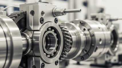 Precision engineering detailed close up of industrial machine gears and bearing assembly showing advanced manufacturing technology and complex mechanical components in factory setting