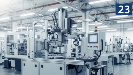 Modern automated factory assembly line with robotic arms and control panels industrial manufacturing technology for production clean and bright workspace