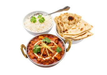 indian curry with naan and basmati rice on white background