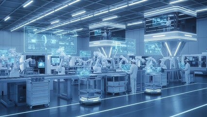 Futuristic factory interior with robotic arms and holographic displays symbolizing advanced automation and industry 40 technology clean and modern production line