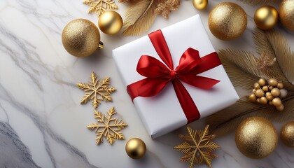 Fototapeta premium A White Wrapped Present With A Red Ribbon Surrounded By Gold Snowflake Ornaments And Christmas Balls On A Marble Surface Use Holiday Advertising