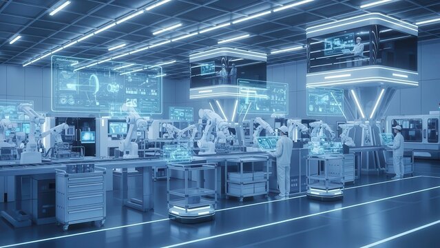 Futuristic factory interior with robotic arms and holographic displays symbolizing advanced automation and industry 40 technology clean and modern production line - Powered by Adobe