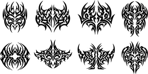Collection of diverse tribal tattoo designs featuring sharp points and flowing curves in a graphic illustration style