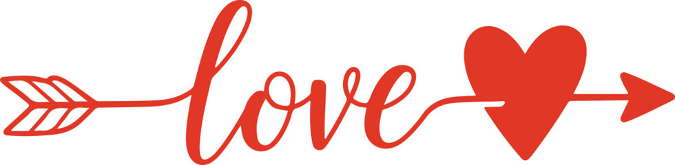 Romantic stylized red word love with an arrow passing through a heart symbol isolated on transparent background for graphic design elements