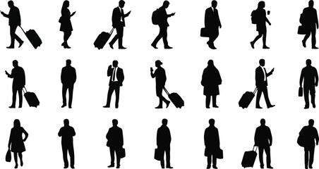 Diverse collection of black silhouette figures representing people walking with luggage and using mobile phones isolated on transparent background