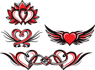 Collection of stylized graphic heart designs with wings petals and decorative elements in red and black