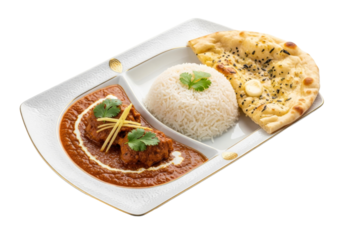 indian curry with rice and naan on white serving plate