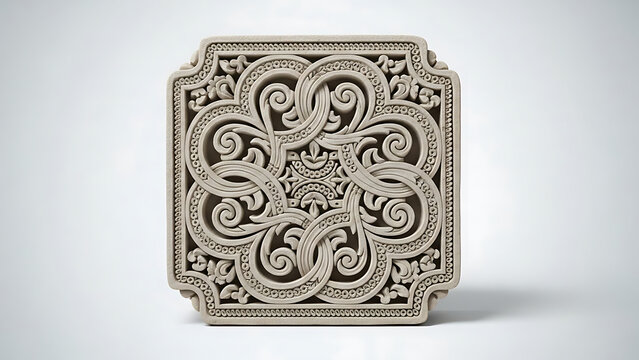 Intricately carved stone plaque with a complex interlocking knot and scrollwork design, architectural bas-relief with symmetrical floral motifs.