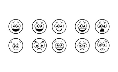 Set of 10 hand-drawn cartoon emoji faces with different expressions and emotions, black and white line art vector icons