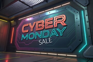Cyber Monday Sale Neon Sign in Futuristic Room