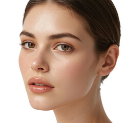 Obraz premium Woman With Smooth Skin and Subtle Makeup Looking at the Camera With a Neutral Expression in a Bright Setting