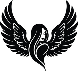 Stylized black silhouette of a female angel with large feathered wings spread wide isolated on a transparent background conveying grace and power