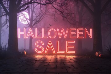 Halloween Sale Neon Sign in Spooky Forest with Pumpkins and Trees