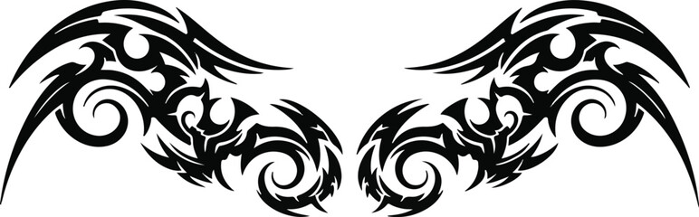 Black tribal stylized wings abstract design element with swirling patterns and sharp edges isolated on transparent background