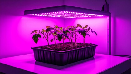 Young tomato plants thrive under a purple LED grow light in a white-walled corner