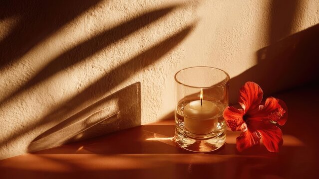 Lit candle in a glass holder beside a red hibiscus flower on a warm, shadowy surface. Concept Candlelit Still Life, Hibiscus Flower, Warm Lighting, Shadowy Surface, Glass Holder