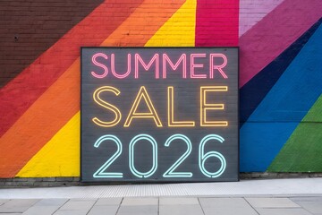 Colorful Summer Sale Sign on Painted Brick Wall Background