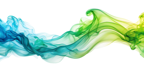 Colorful smoke waves on white background isolated on a transparent background green blue