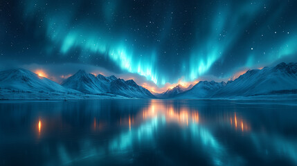 northern lights in night starry sky against background of mountains and lakes