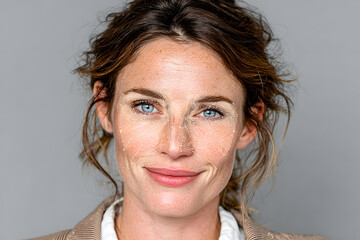 Close-up of a smiling woman with a facial recognition mesh overlay, symbolizing biometric scanning, AI technology, and digital identity.
