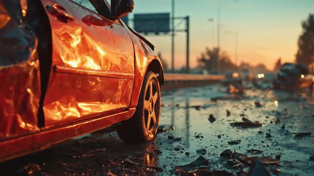 Crimson automobile mangled on damp urban street during glowing evening, extensive destruction after severe incident, fragments lie on wet ground.