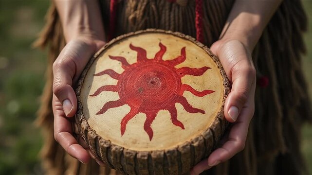 Handheld shaman drum with red sun symbol painted on hide
