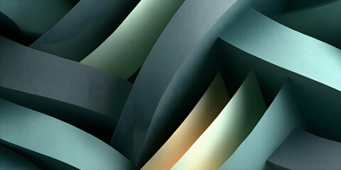 Dark abstract 3D background with layered curved shapes in green and gold tones, creating a modern, flowing, and futuristic design.
