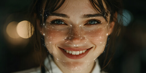 Close-up of a smiling woman with blue eyes and digital facial recognition lines, blending human expression with futuristic technology.

