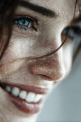 Close-up of a smiling woman with a facial recognition mesh overlay, symbolizing biometric scanning, AI technology, and digital identity.
