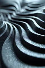 Abstract 3D composition of intertwined dark blue metal ribbons with a smooth and textured surface, forming a dynamic spiral shape.
