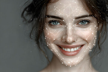 Close-up of a smiling woman with a facial recognition mesh overlay, symbolizing biometric scanning, AI technology, and digital identity.
