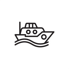 Maritime icon featuring a powerful, compact tugboat vessel with a prominent cabin and portholes, navigating through ocean waves, representing harbor maneuvers, vessel towing services, and logistics.