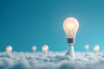 Conceptual image of a lightbulb launching like a rocket among others, symbolizing innovation, creativity, and startup ideas on a blue background.
