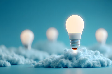 Conceptual image of a lightbulb launching like a rocket among others, symbolizing innovation, creativity, and startup ideas on a blue background.
