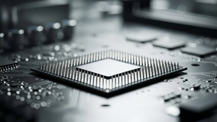 Close-up of a high-tech CPU microchip integrated on a circuit board, symbolizing digital innovation