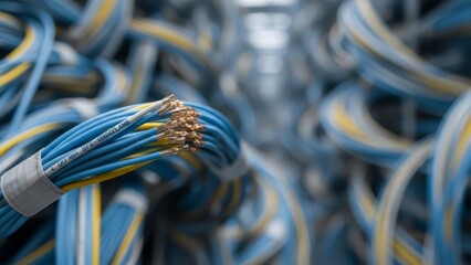 Close-up of blue and yellow network cables in data center with shallow depth of field