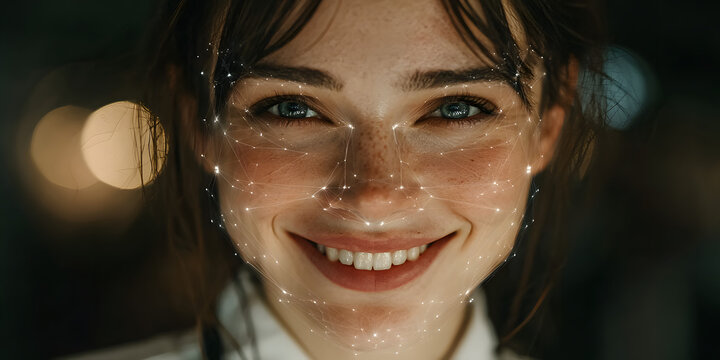 Close-up of a smiling woman with blue eyes and digital facial recognition lines, blending human expression with futuristic technology.
 - Powered by Adobe