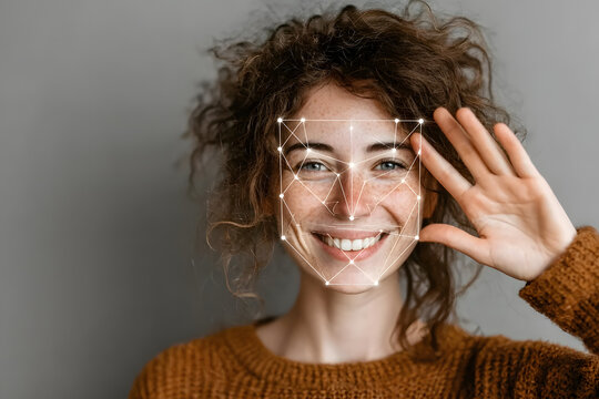 Close-up of a smiling woman with blue eyes and digital facial recognition lines, blending human expression with futuristic technology.
 - Powered by Adobe