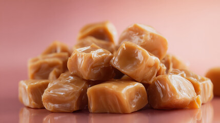 Soft Caramel Candy Pieces Stack with Glossy Texture on Pastel Background