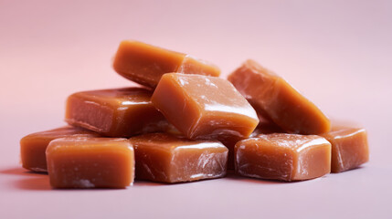 Soft Caramel Candy Pieces Stack with Glossy Texture on Pastel Background