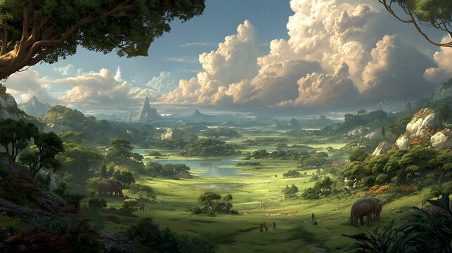 Expansive fantasy landscape with elephants, a lake, and distant mountains image photo