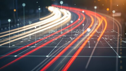 Futuristic highway with data network overlay at night