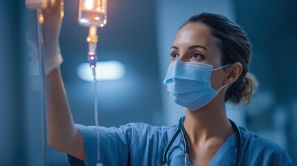 Female hispanic young nurse adjusting iv in hospital ward