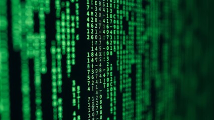 Green digital data code flowing on a dark screen representing cybersecurity and modern technology