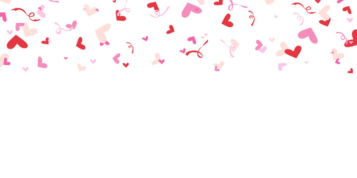 Festive banner with heart confetti. Pink and red hearts falling on white background. Valentines Day design for greeting card, poster, invitation, gift package. Vector border with copy space. - Powered by Adobe