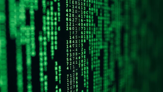 Green digital data code flowing on a dark screen representing cybersecurity and modern technology - Powered by Adobe