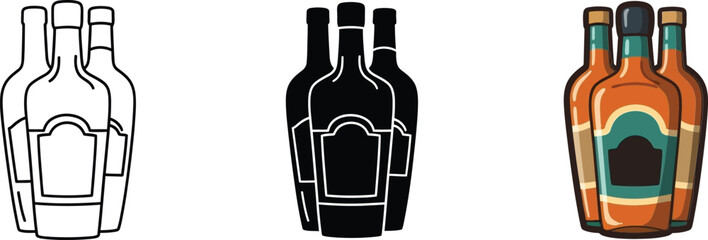 Set of three stylized liquor bottles in different graphic formats: line art, solid, and vibrant color