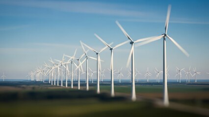 Modern wind turbines spinning in a vast field under a clear blue sky for clean energy production